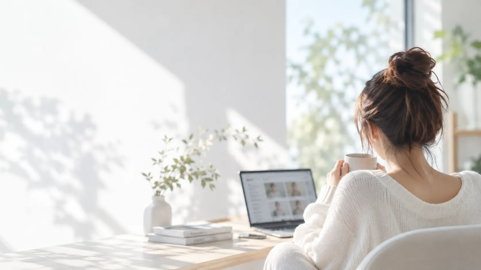 明るい部屋でノートパソコンを開き、カップを手にする女性の後ろ姿